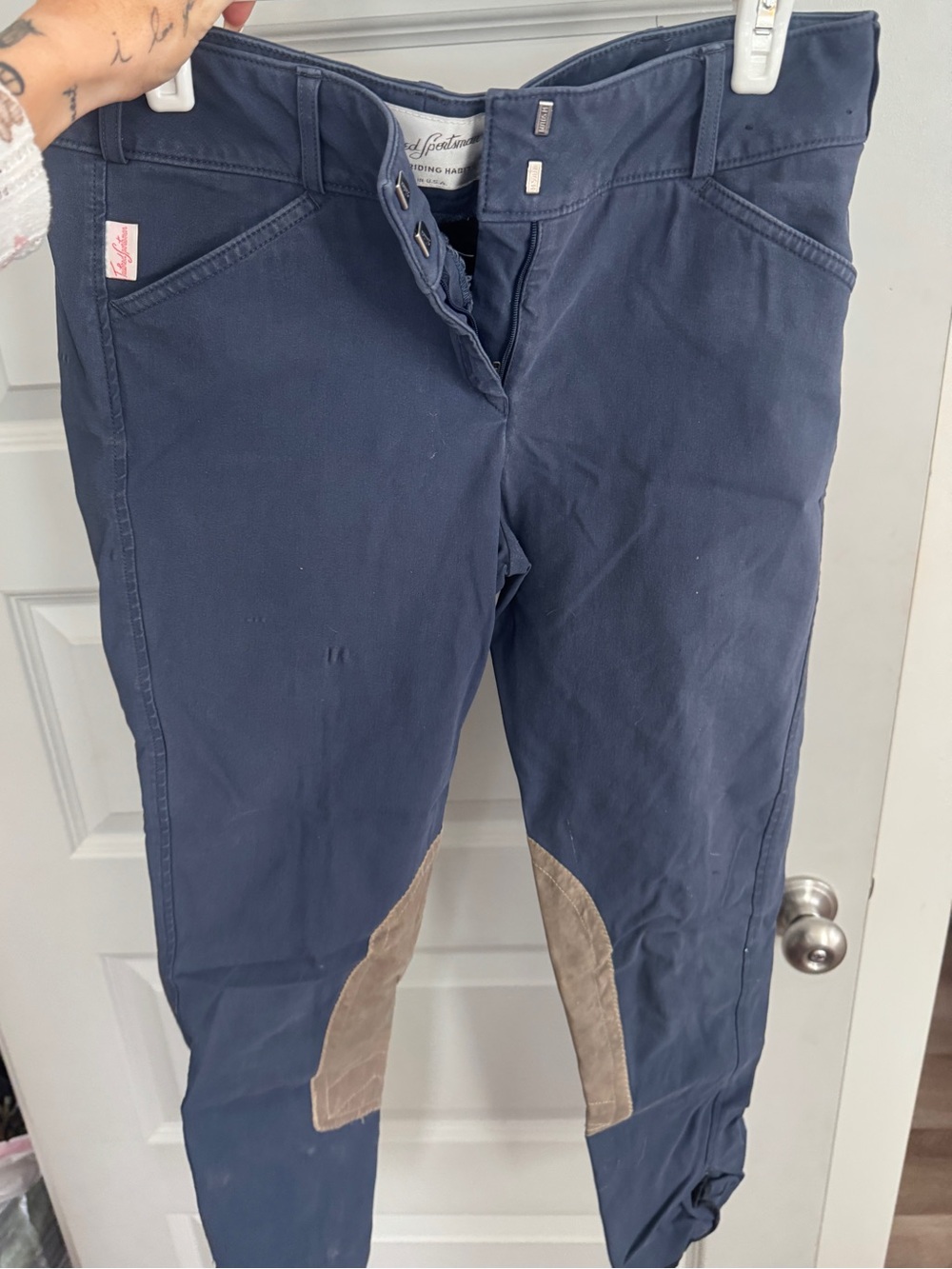 Tailored Sportsman Navy Riding Breeches with Tan Knee Patches